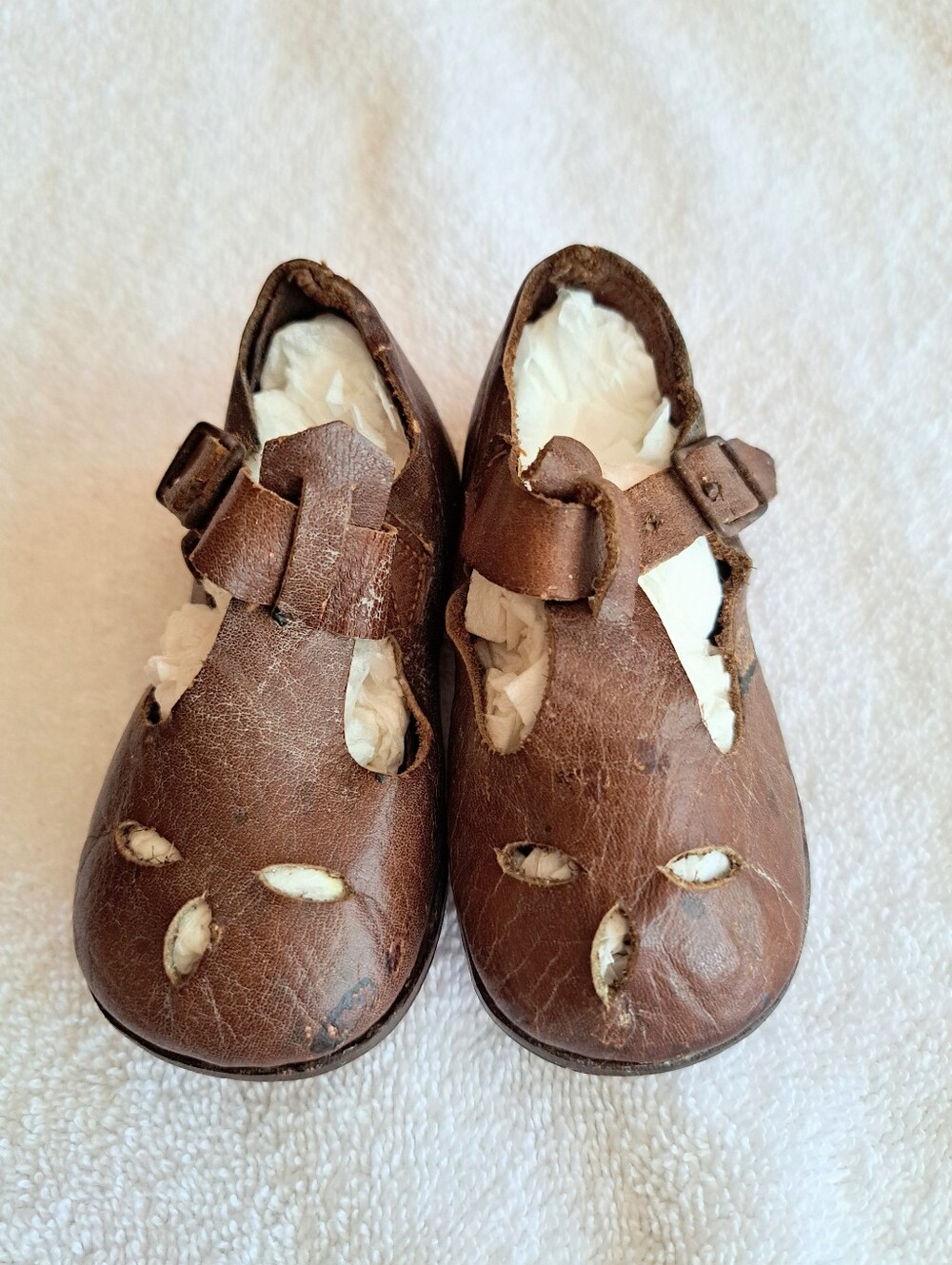 Very Vintage Brown Leather Baby Shoes - Collectible or Doll